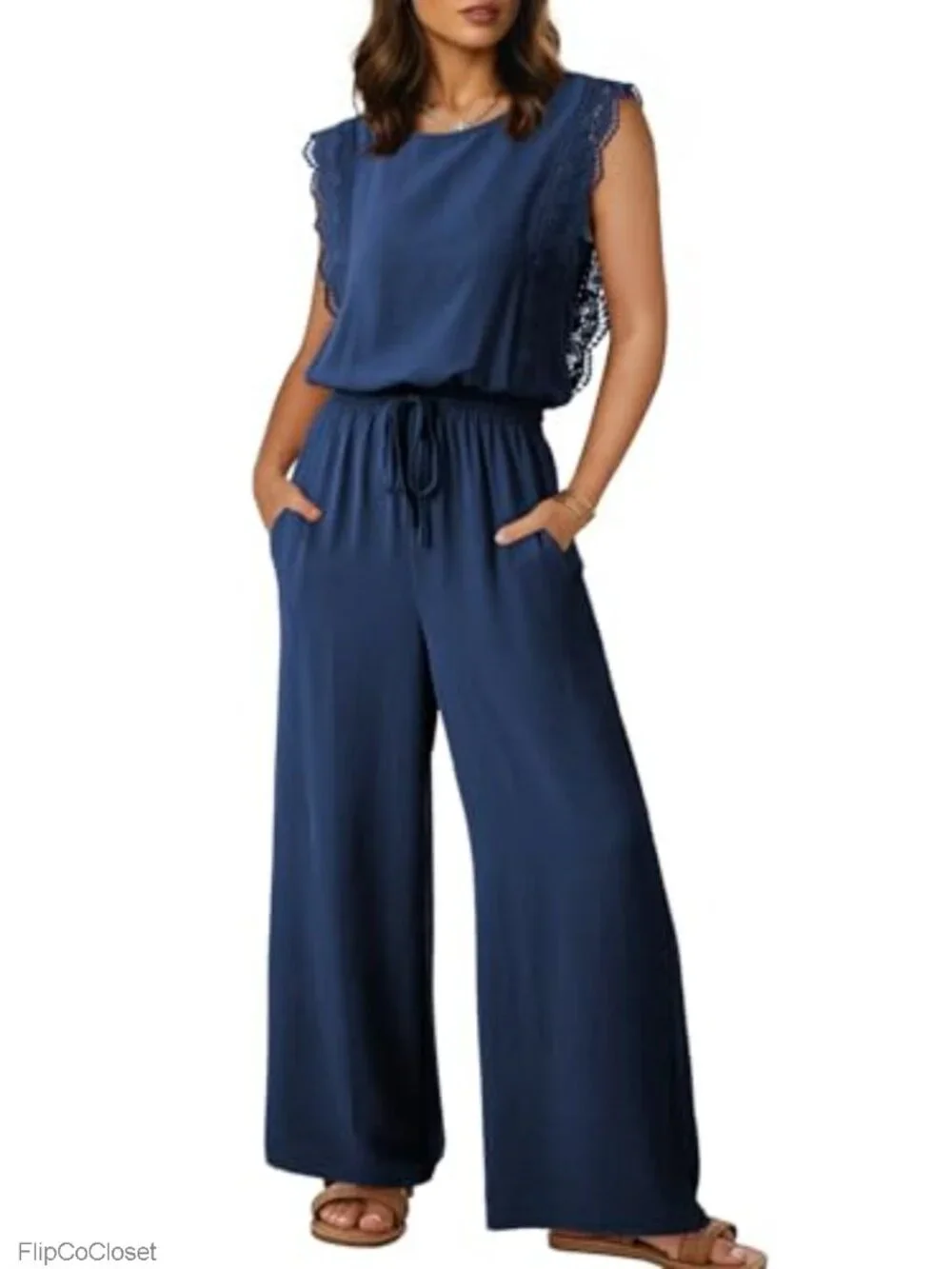 Lace Cap Sleeve Wide Leg Jumpsuit with Pockets